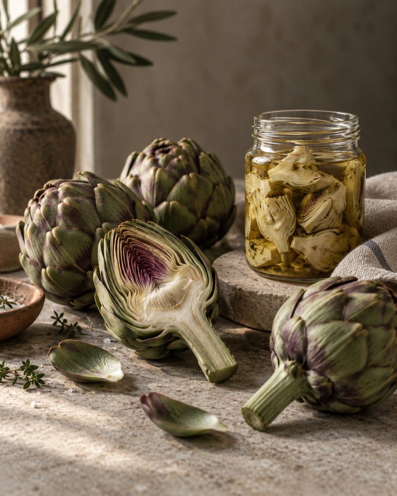 Artichoke hearts and quarters in a bowl beside whole artichokes