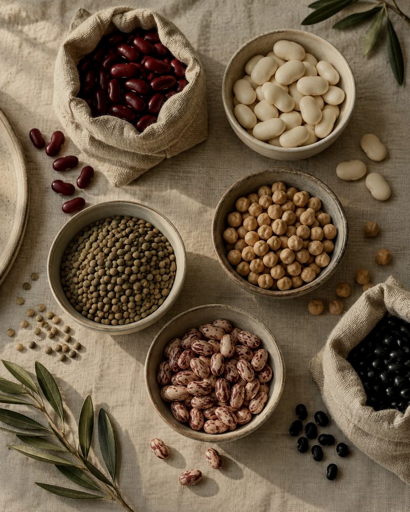 Bowls and sacks of dried beans, chickpeas and lentils