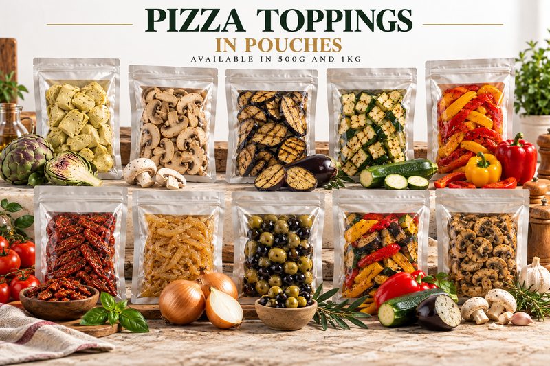 Pizza toppings in pouches: grilled vegetables, mushrooms, artichokes, peppers and olives