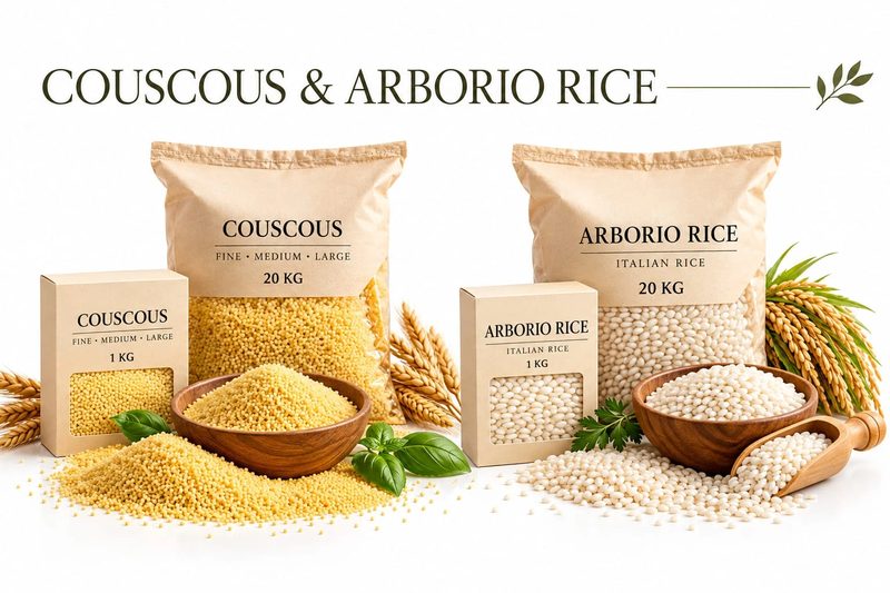 Couscous and Arborio rice in 1 kg boxes and 20 kg sacks