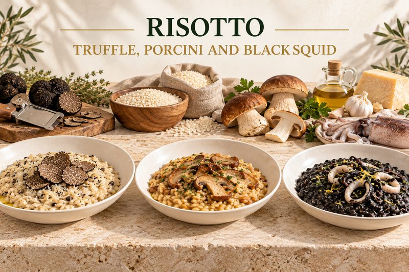Three plates of risotto: truffle, porcini mushroom and black squid ink