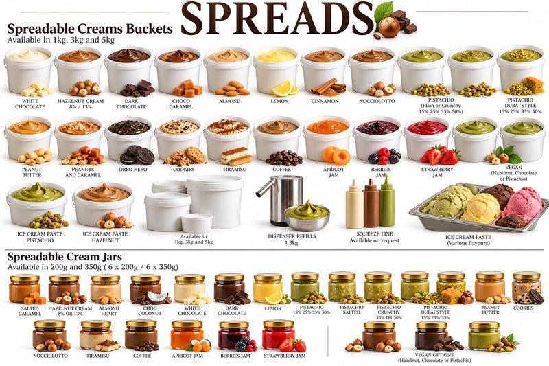 Spreadable cream buckets and jars in many flavours