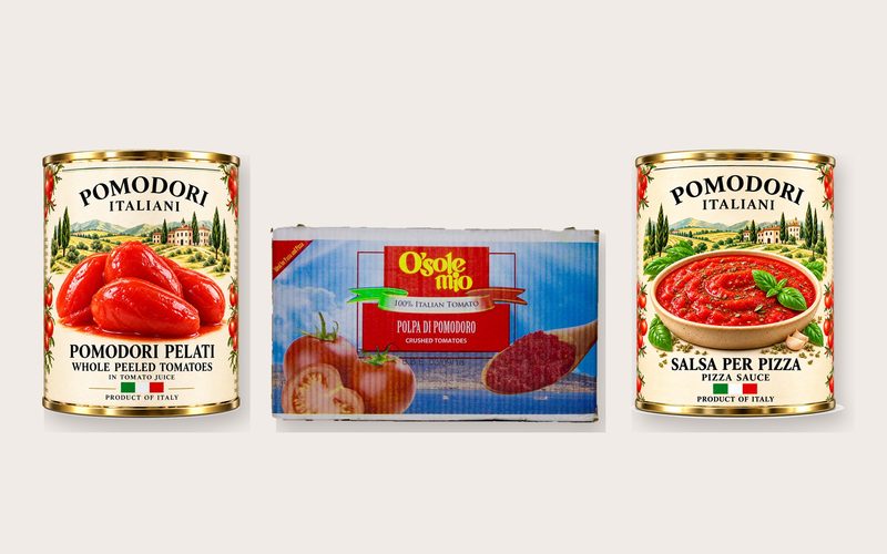 A can of whole peeled tomatoes, a carton of O'sole Mio crushed tomatoes and a can of pizza sauce