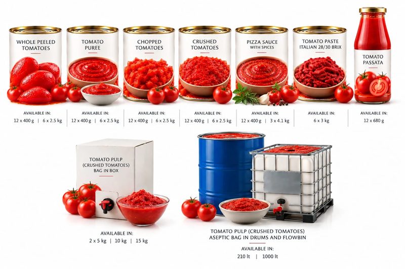The whole tomato range: whole peeled, puree, chopped, crushed, pizza sauce, paste and passata, and tomato pulp in bag-in-box, drums and flowbins, with their pack sizes