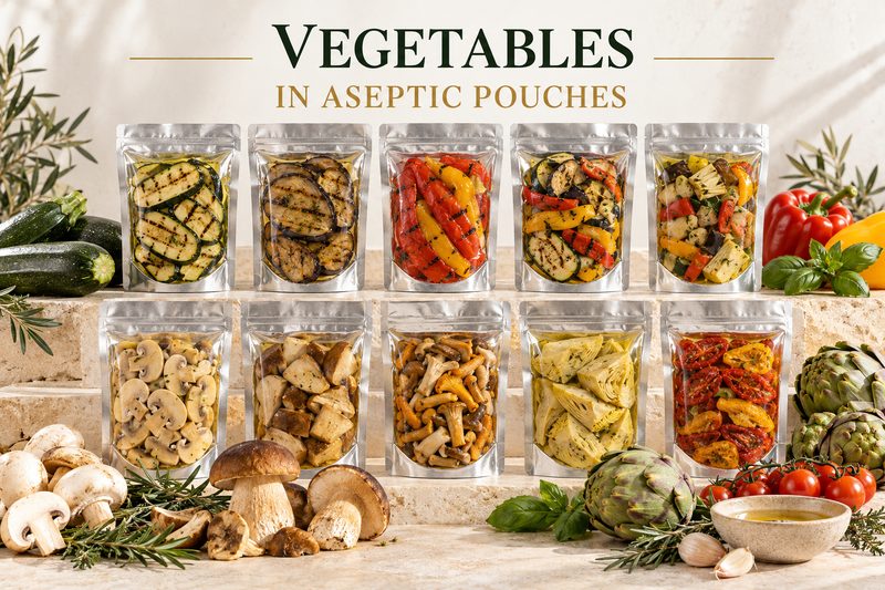 Grilled and preserved vegetables in clear aseptic pouches