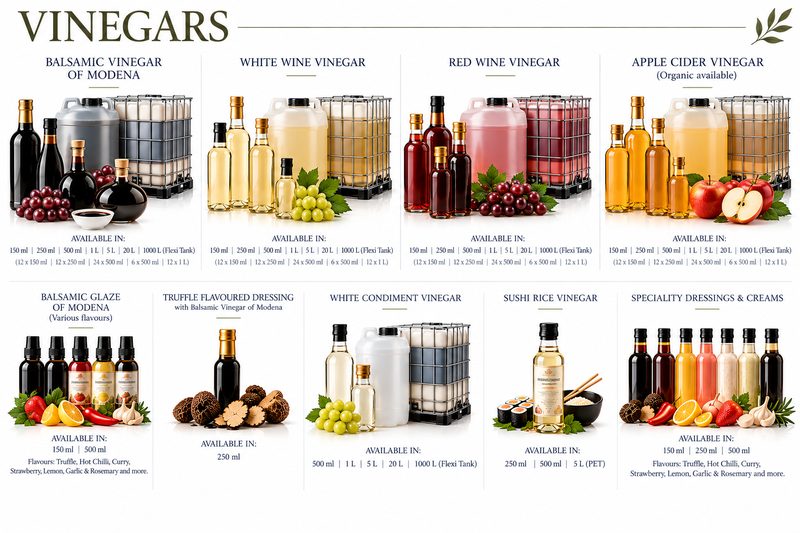 Meditalia's vinegars: balsamic, white wine, red wine and apple cider vinegar, glazes and dressings, with their pack sizes